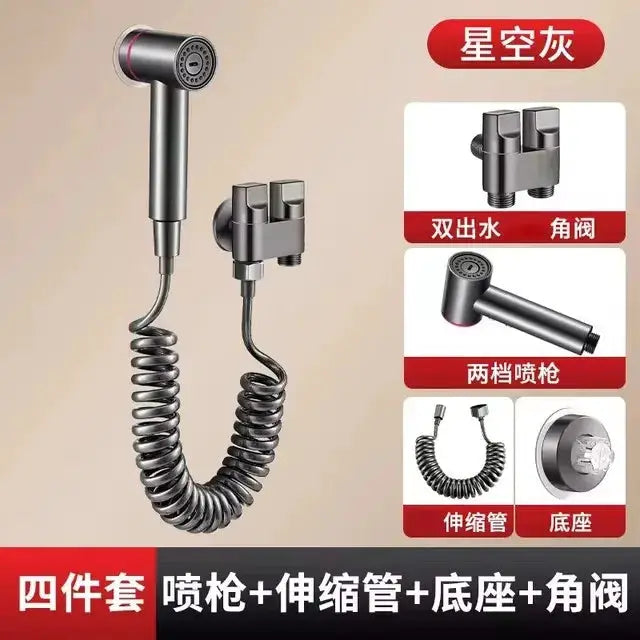 Simples Market handheld bidet spray gun set with coiled hose, wall-mount base and dual-outlet nozzle, silver
