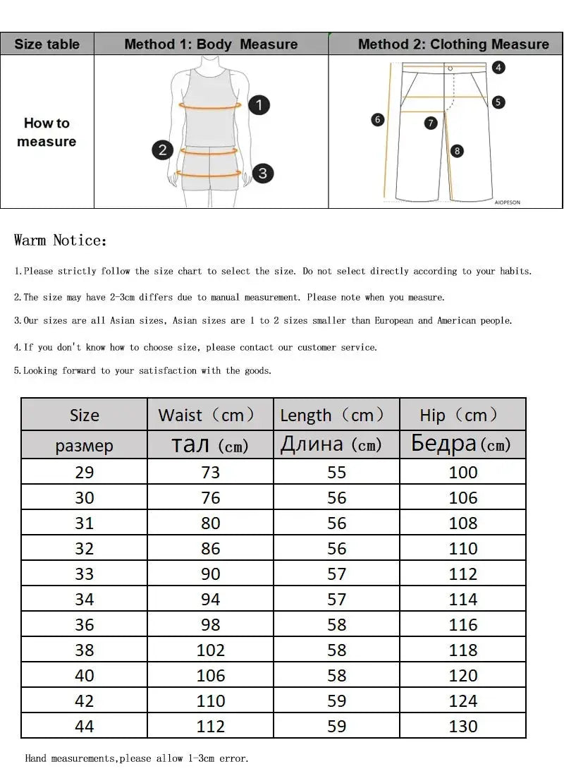 Men's shorts and multi-pocket overalls size chart with body and clothing measurements; waist, length, hip table.