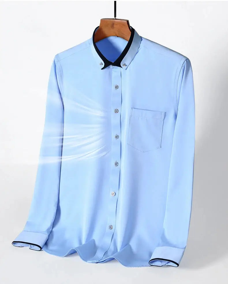 Men's dress shirt, light blue with black collar trim, button-down, chest pocket, Simples Market.