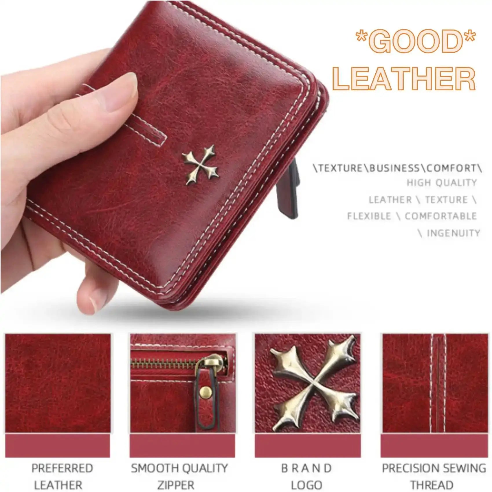 Simples Market red oil-waxed PU wallet with zipper, multi-card slots, compact all-in-one purse