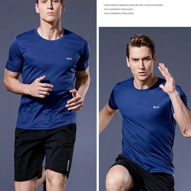 Men's blue quick-dry running shirts with RUN logo, short-sleeve athletic tees, set of two