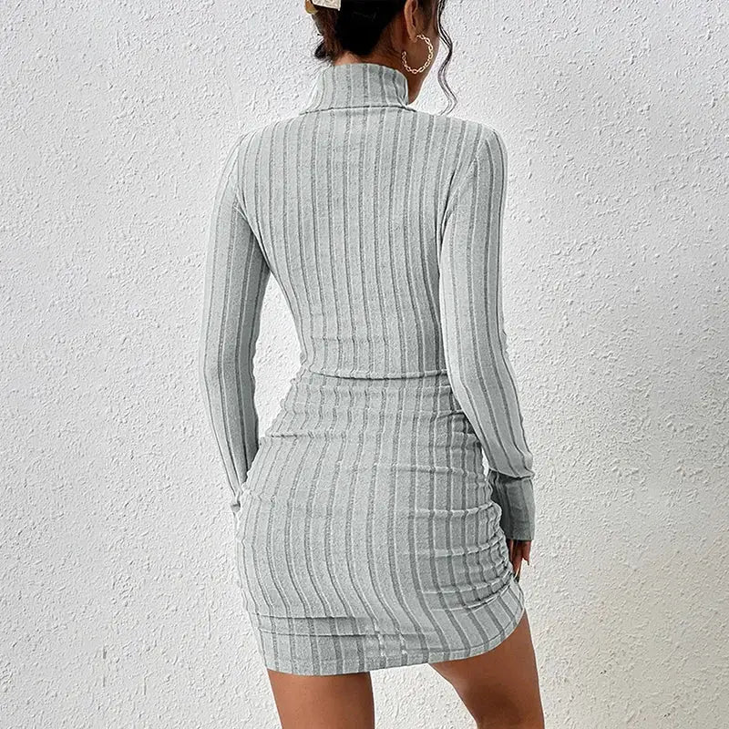 Autumn Winter Women Turtleneck Solid Knitted Bodycon Mini Dress Party