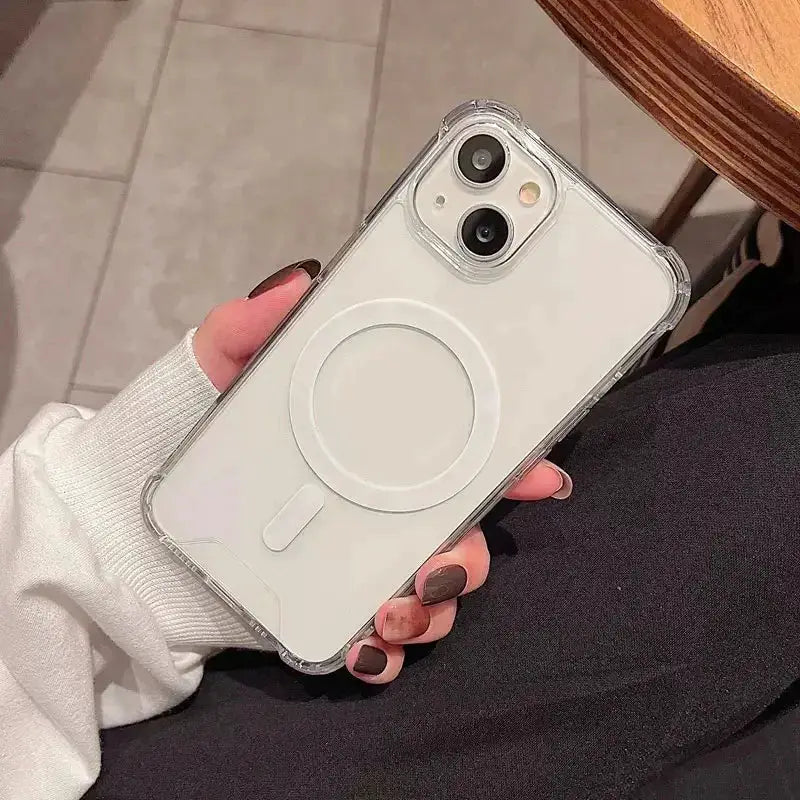 Clear MagSafe bumper case with circular wireless charging ring for iPhone 11–16; shockproof transparent cover