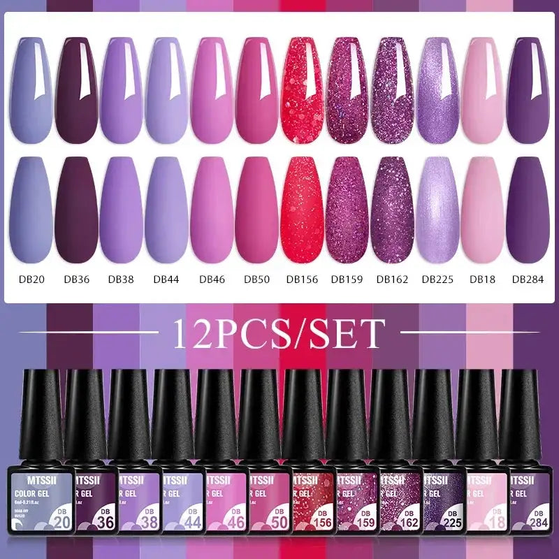 MTSSII 12pcs Gel Nail Polish Set by Simples Market; nude pink to red glitter UV gel colors, soak-off manicure kit.