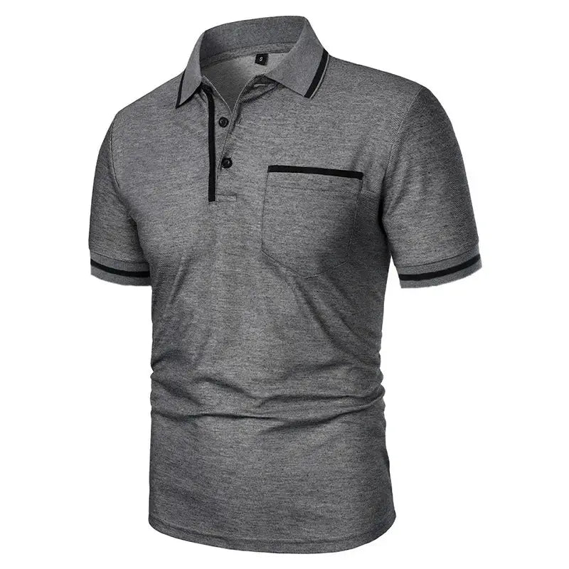 Men's gray short-sleeve polo shirt with chest pocket and black trim