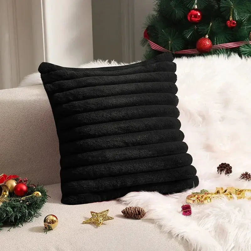Faux rabbit fur cushion cover, black plush striped decorative pillow for sofa