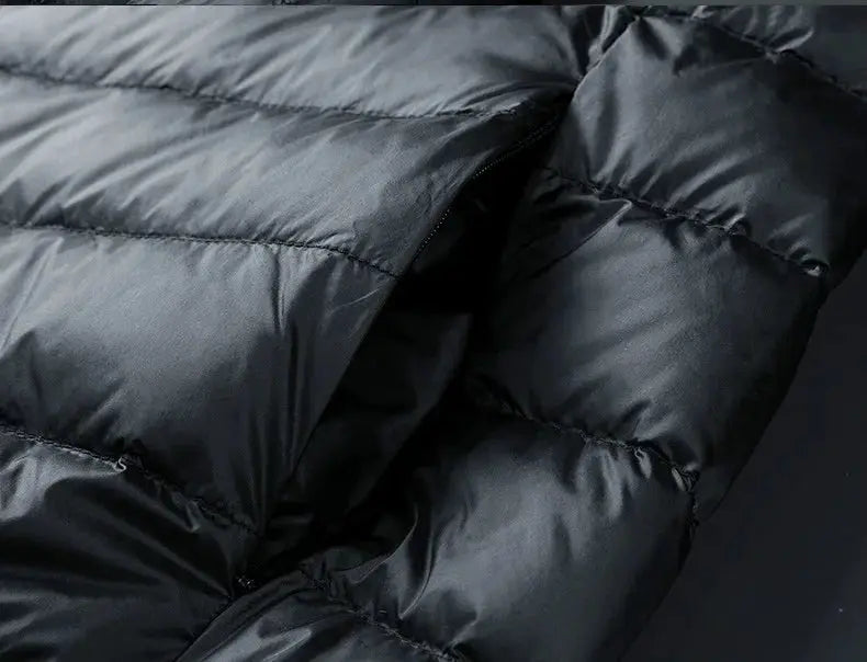 Plus-size men's black hooded puffer down jacket with quilted panels