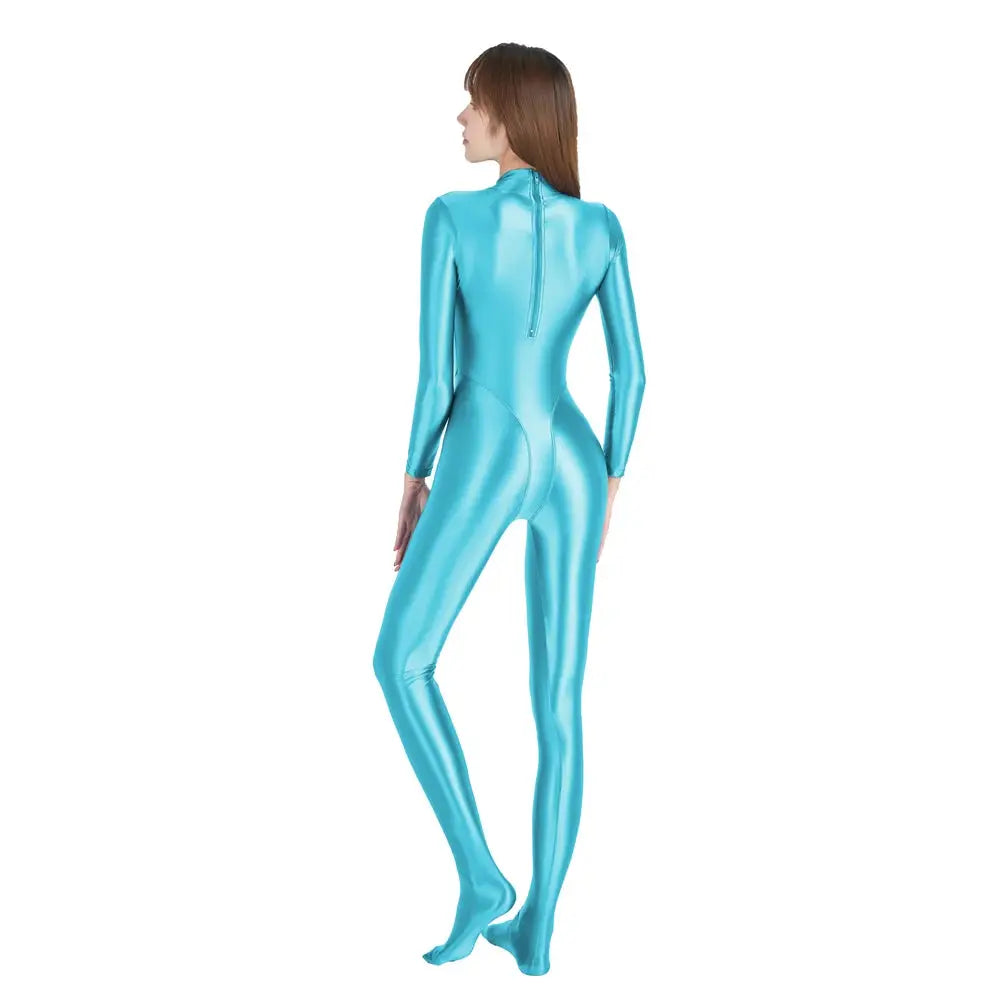 AMORESY women's glossy wetlook catsuit in turquoise blue with back zipper, full-body Zentai jumpsuit