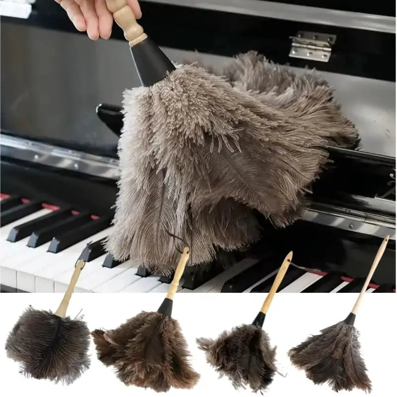 Feather duster set with wooden handles; six brown ostrich feathers for anti-static dusting