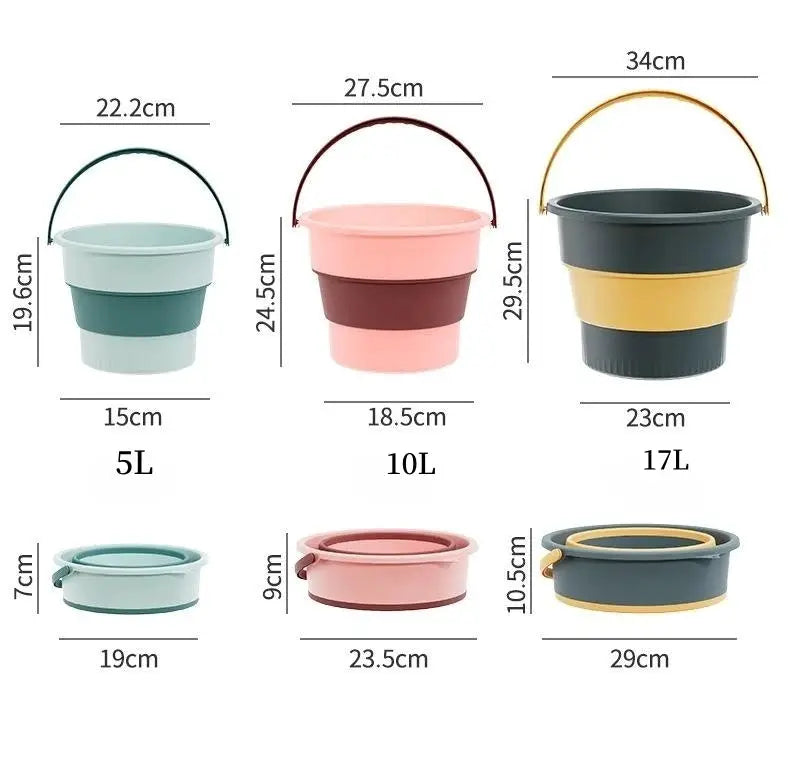 Simples Market folding silicone buckets with covers, 3-pack (5L/10L/17L) in green, pink and gray bands