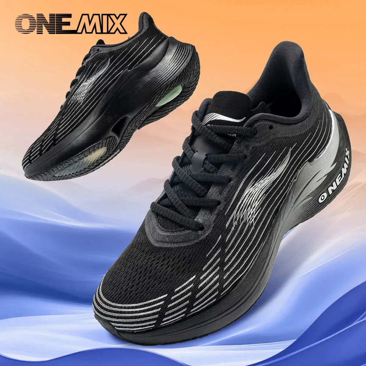 Onemix running shoes, a pair of black breathable lightweight sneakers with white striped detailing and logo.