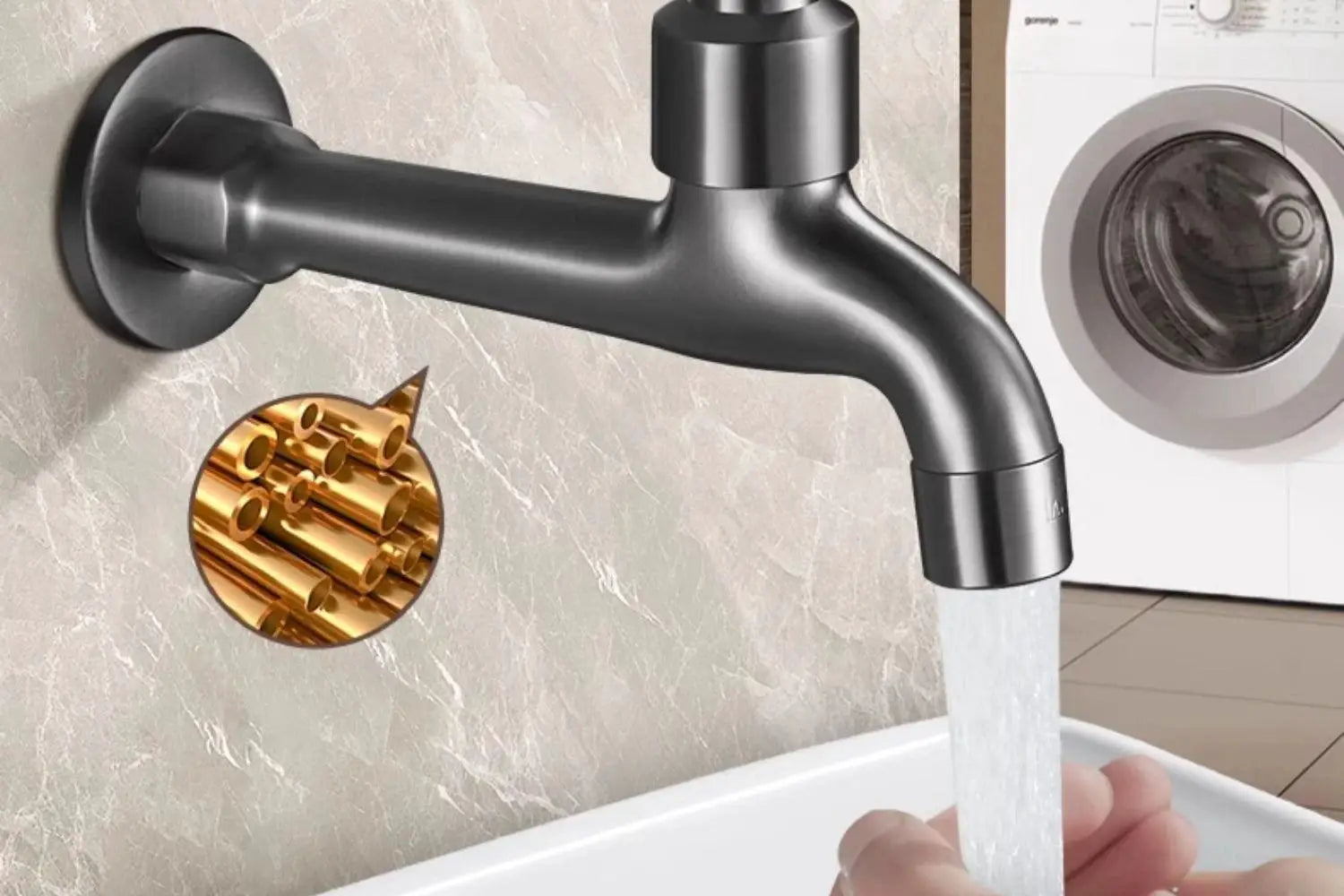 Wall-mounted washing-machine faucet, Simples Market, gunmetal finish with copper-core detail, water flowing into sink