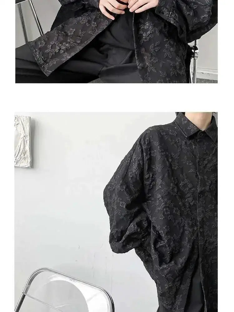 Simples Market 2XL black floral jacquard shirt with bat-wing sleeves, loose fit, turn-down collar