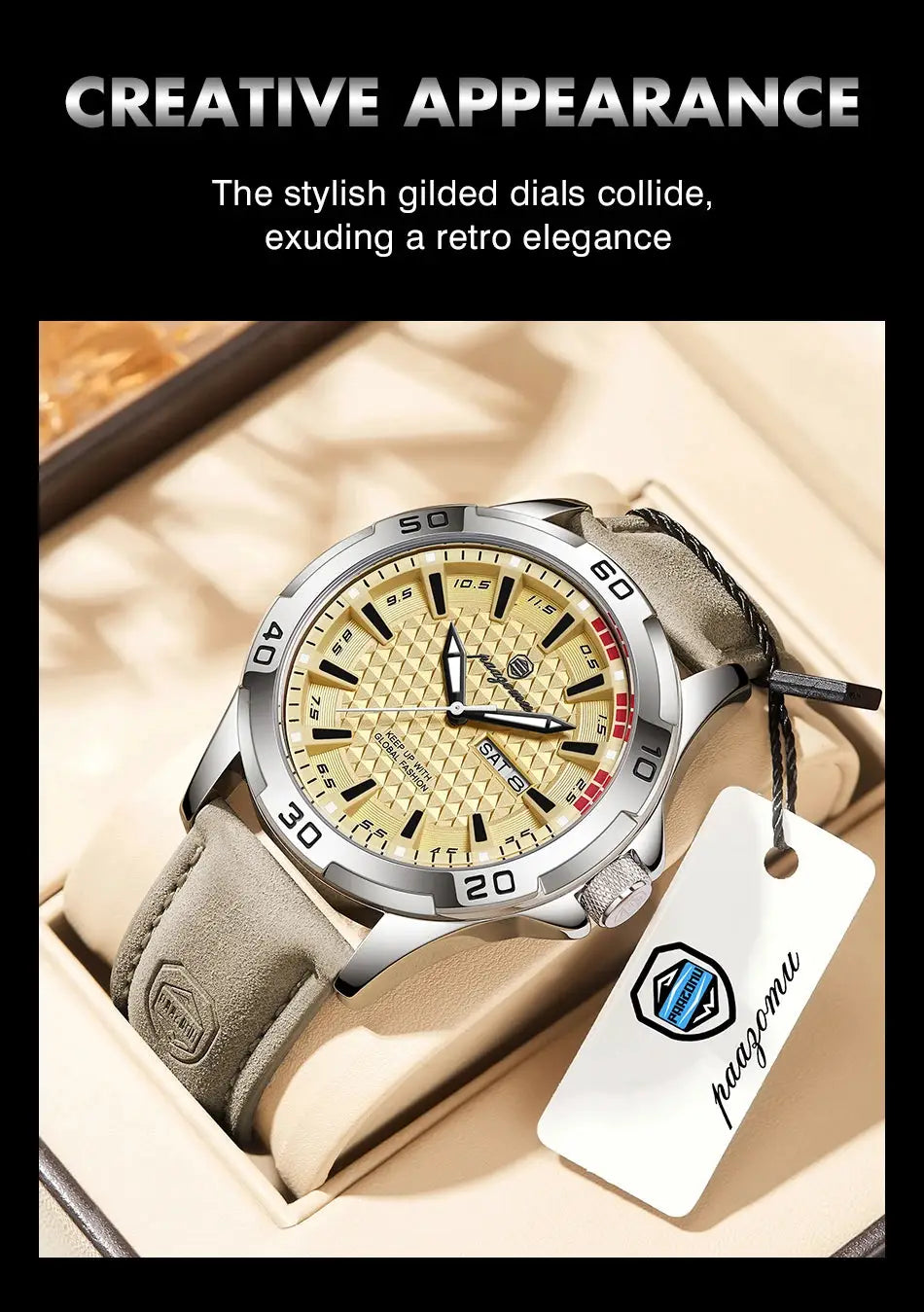 PAAZOMU men's wristwatch with gold dial, stainless steel case, beige leather strap