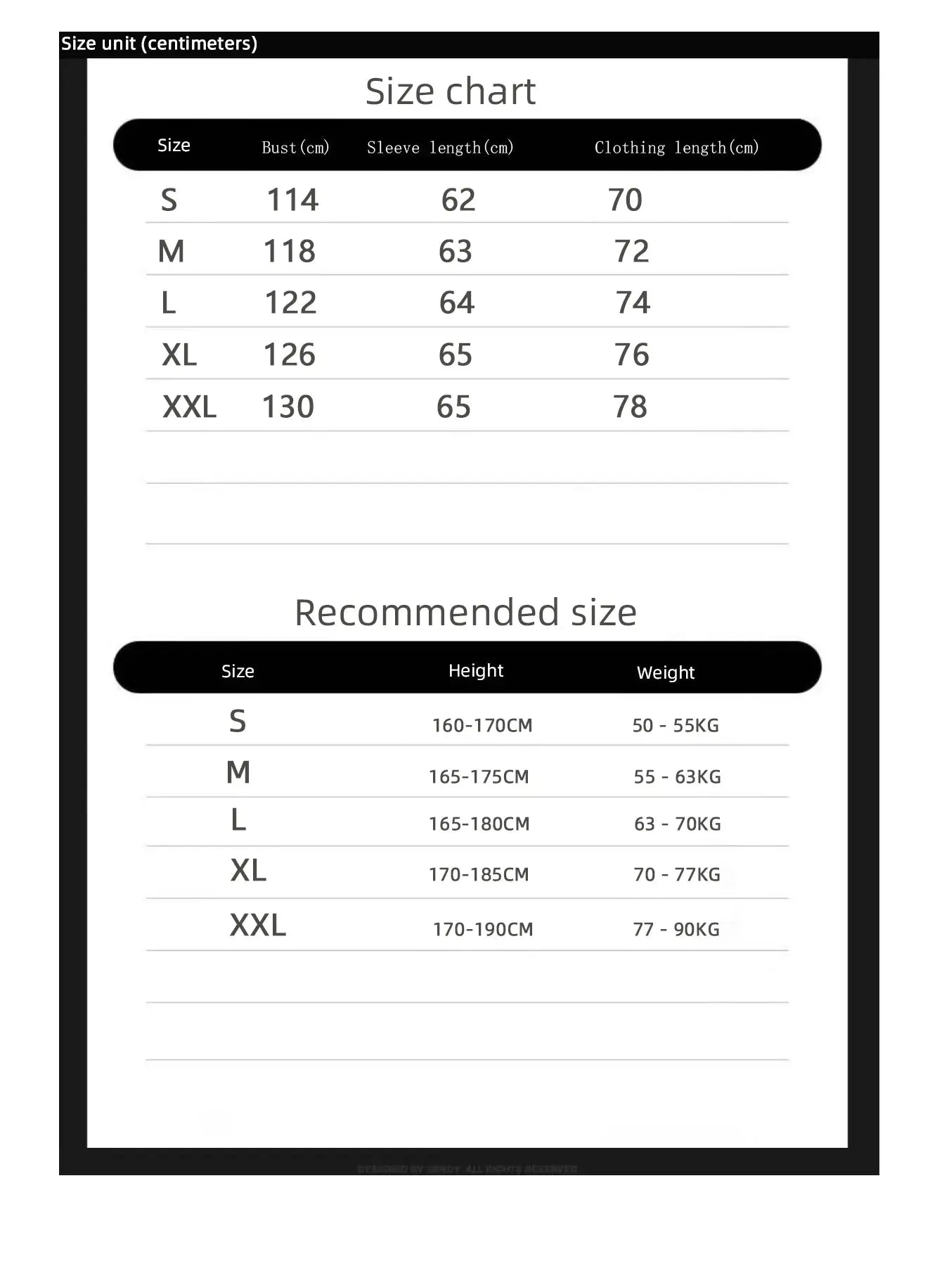 Men's Cotton Jacket size chart with bust, sleeve length and clothing length measurements.