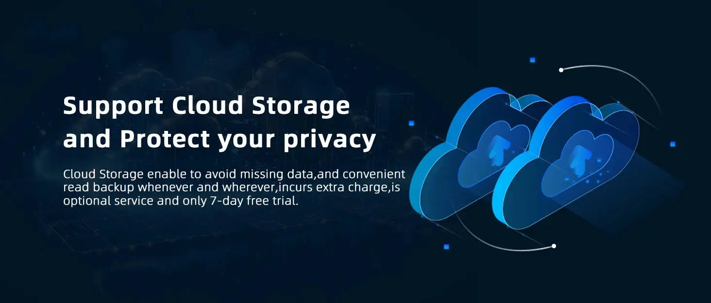 Home security cloud storage banner from Simples Market with blue cloud icons on dark background