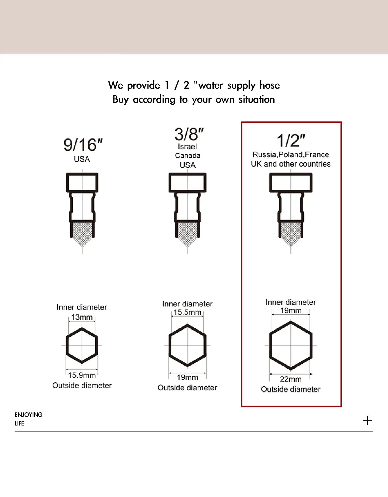 Brass black bathroom faucet water-supply hose diagram by Simples Market showing 9/16, 3/8, and 1/2 fittings.