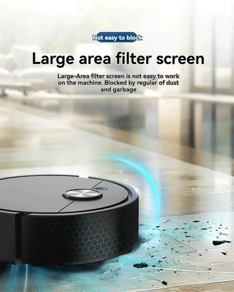 Smart vacuum cleaning robot in black with hex-pattern side and blue LED light, shown on a clean floor.
