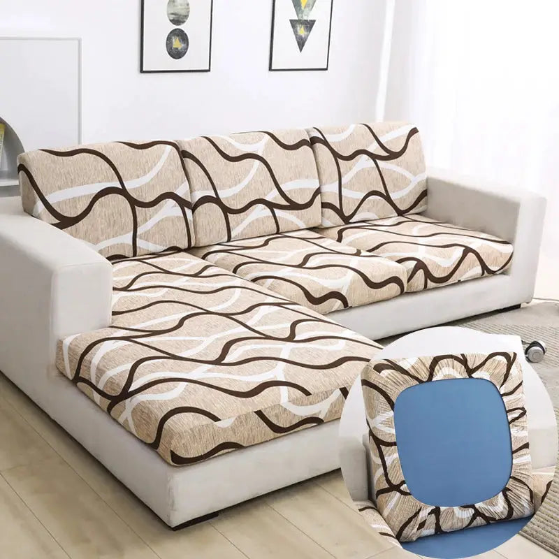 Simples Market sofa slipcovers for L-shaped couch in beige stretch fabric with brown abstract wavy pattern