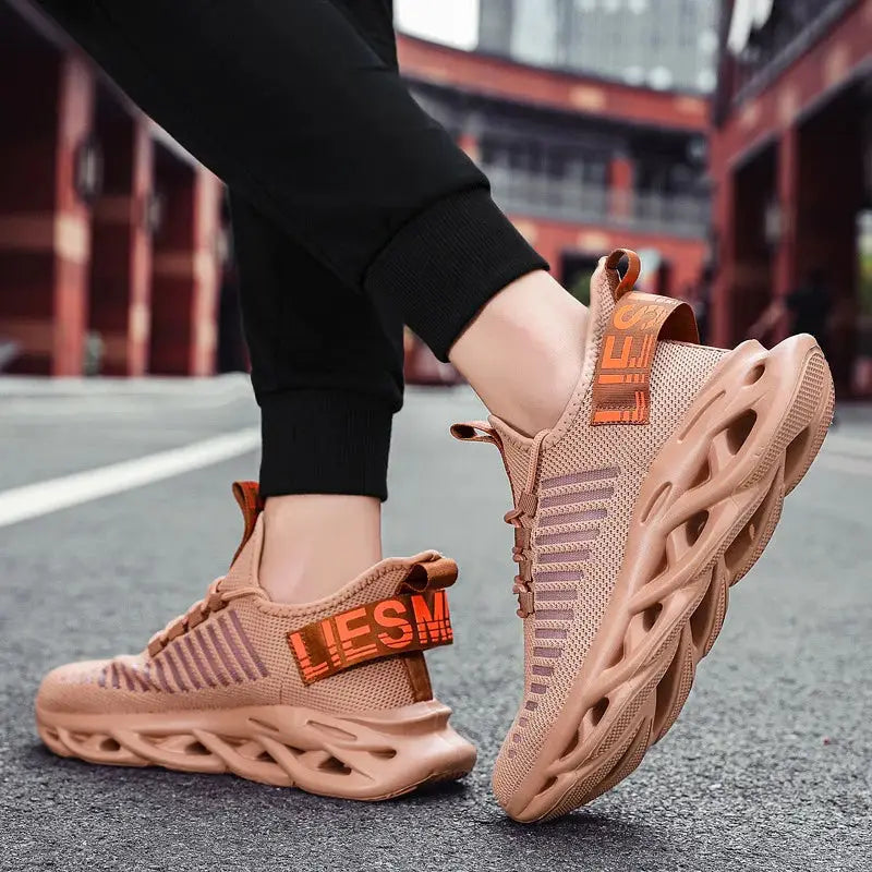 Unisex peach-colored sneakers with breathable knit upper and orange accents, sizes 36–46