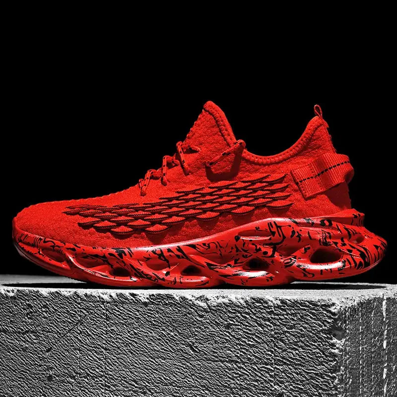 Red knit upper athletic sneaker with a sculpted patterned sole and breathable mesh panels for casual or running use
