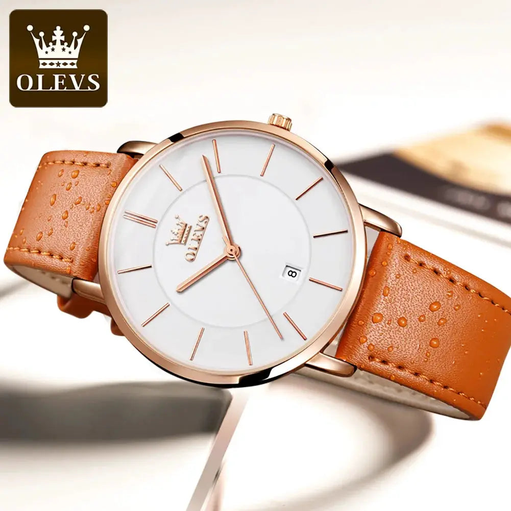 OLEVS men's ultra-thin quartz watch with rose-gold case, white dial, brown leather strap and date window