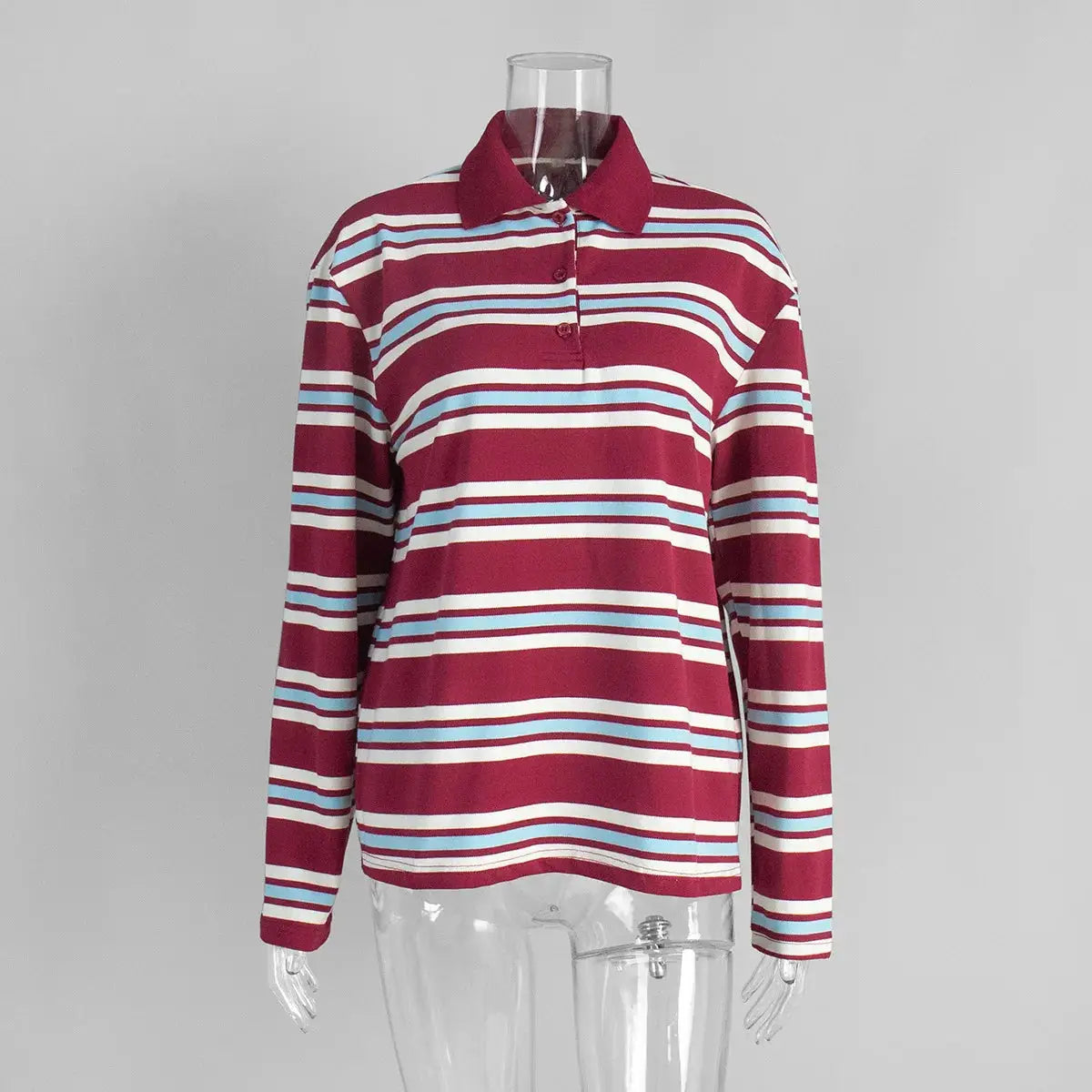 Autumn Striped Contrast Long Sleeve Polo Shirt For Women Button Lapel