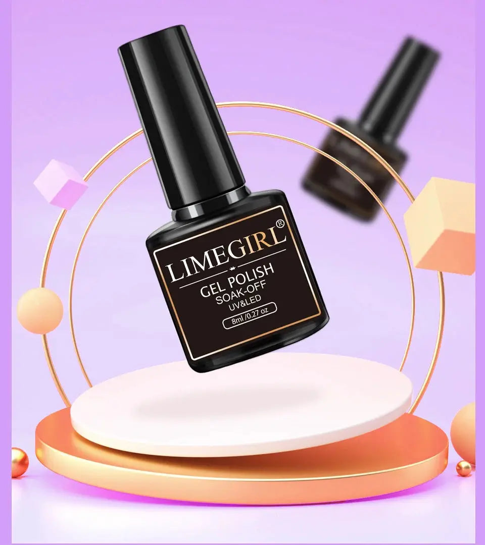 Limegirl gel nail polish bottle on a display pedestal; black glossy bottle with white label, UV/LED soak-off