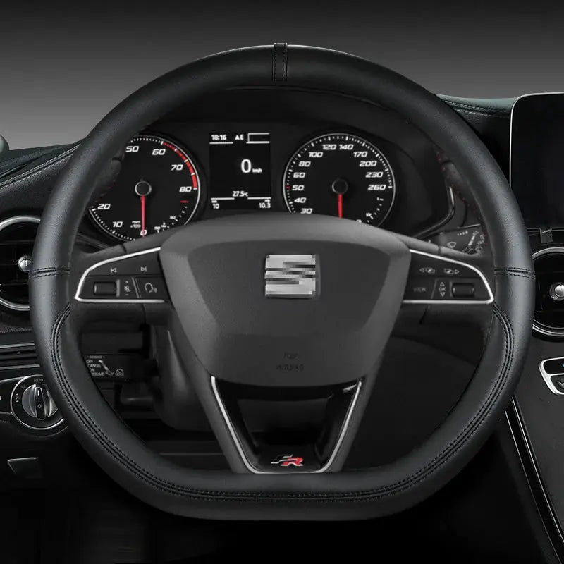 Steering wheel cover, black microfiber leather, 38cm, for SEAT models, Simples Market
