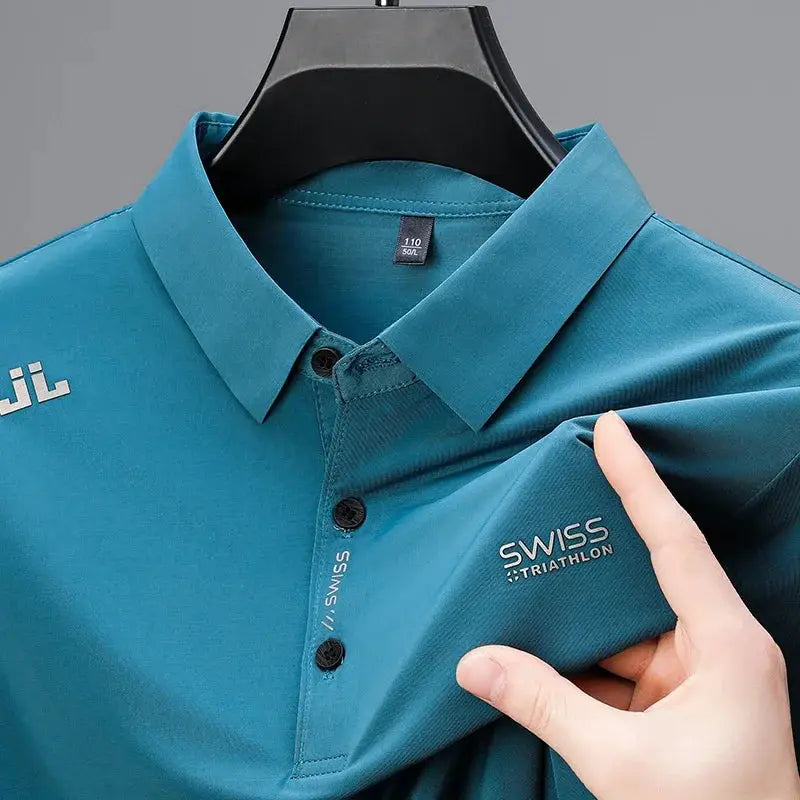 Mens Business Casual Short Sleeve Polo Shirt With Badge Solid Color Breathable Comfortable Versatile Top