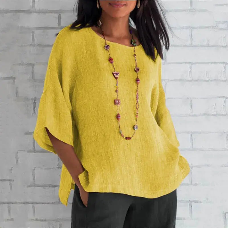 Cotton Blouse Shirt O Neck Three Quarter Sleeves Casual Top Women