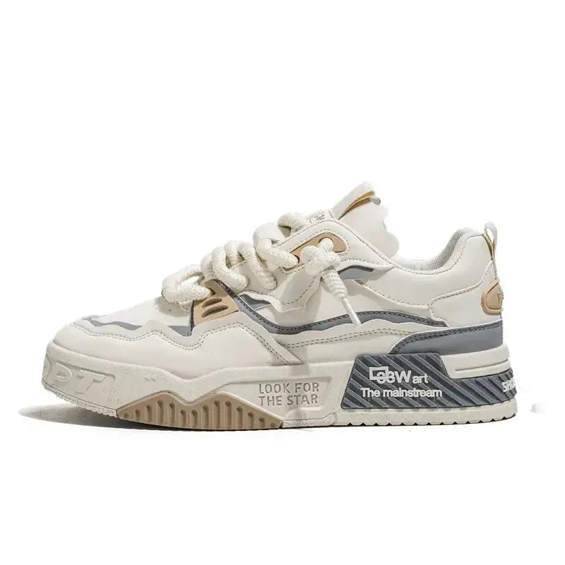Men's trendy skate shoes by Simples Market, white sneakers with beige and gray accents and a chunky non-slip sole