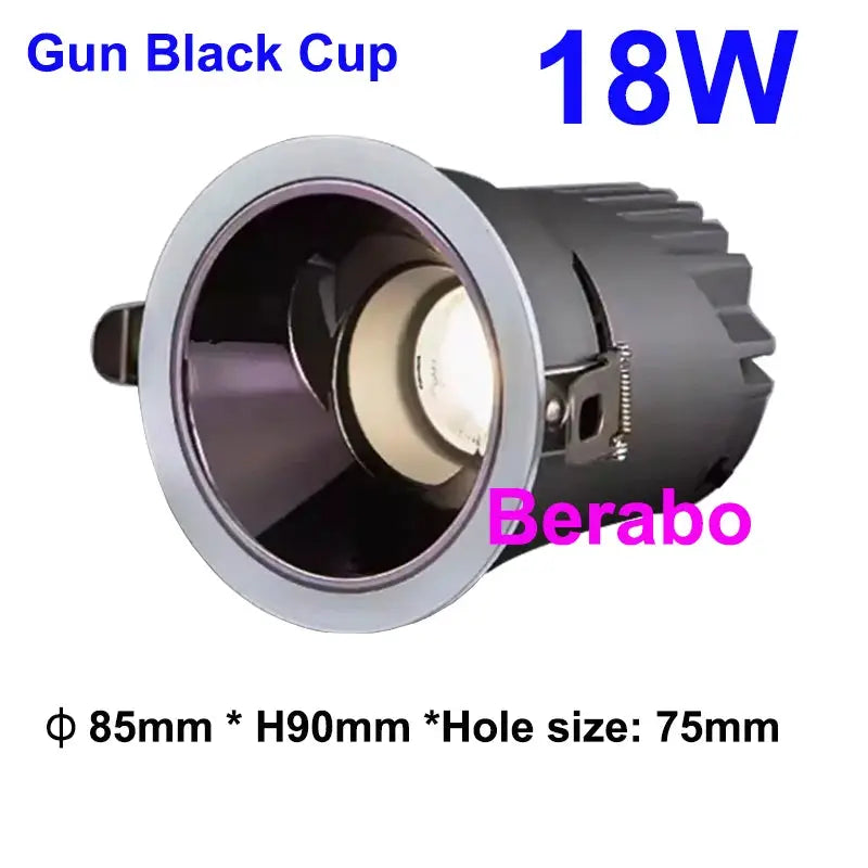 Recessed LED downlight COB 18W, gun-black cup, 85mm dia, hole 75mm, Berabo