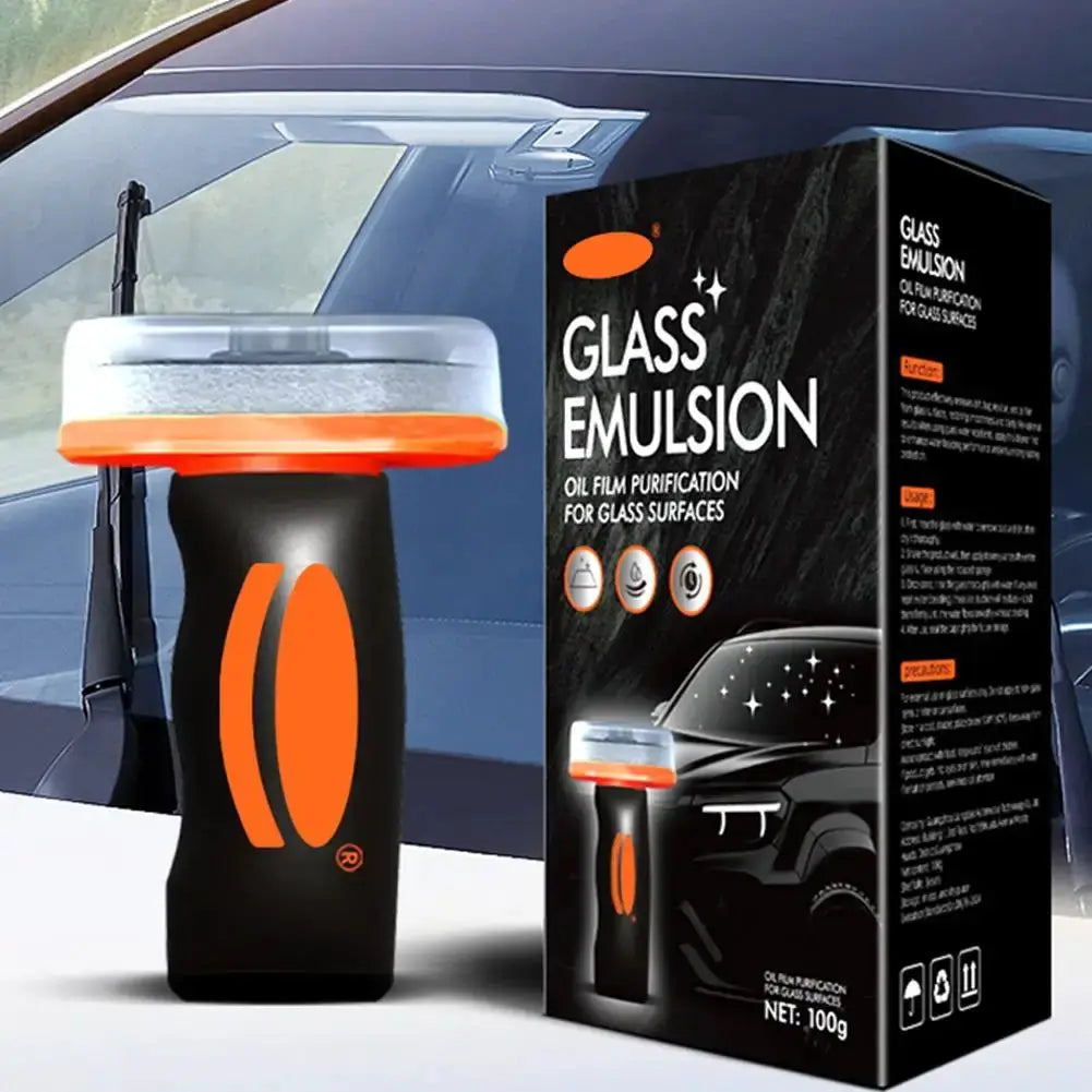 Glass Emulsion windshield cleaner for cars with orange cap, black bottle beside the product box