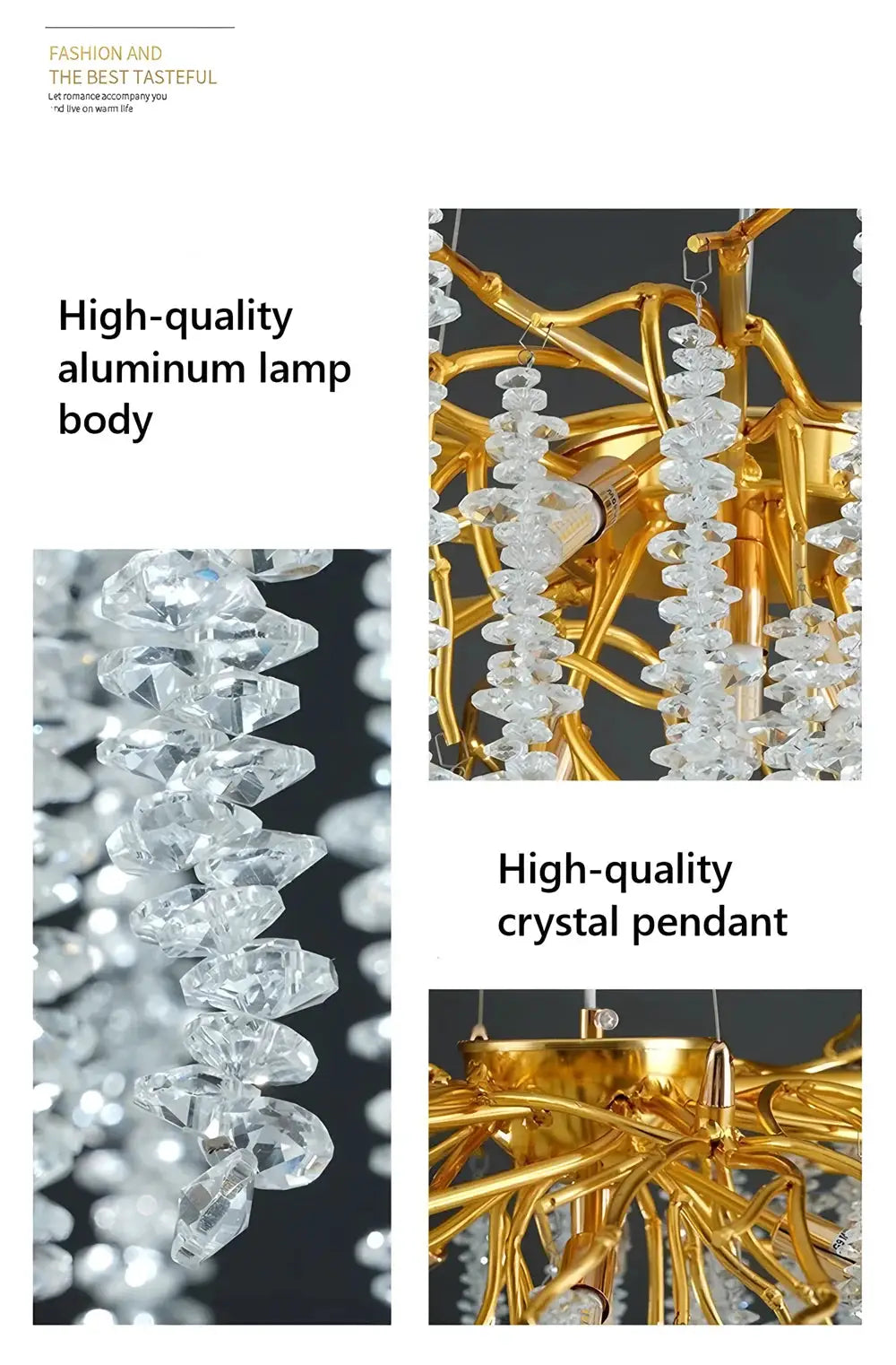 Crystal chandelier with gold aluminum lamp body and hanging crystal pendants
