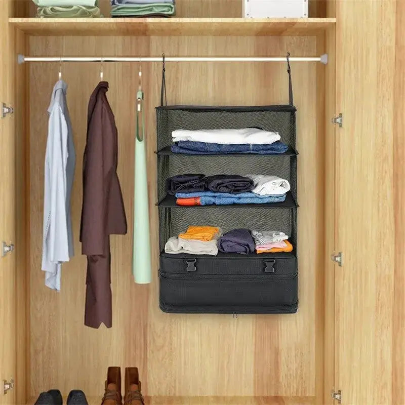 3-in-1 Travel Clothes Storage Hanging Bag by Simples Market, large-capacity black hanging garment organizer with mesh shelves