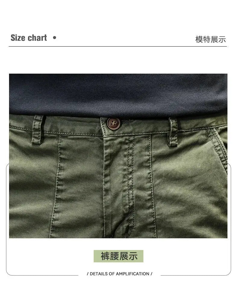 CAAYU men's cargo joggers in olive green with multiple pockets, belt loops and brown button, by Simples Market