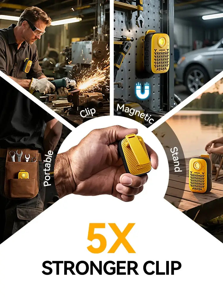 Joyroom wearable Bluetooth speakers, clip-on yellow IP67 waterproof, portable stereo pair.
