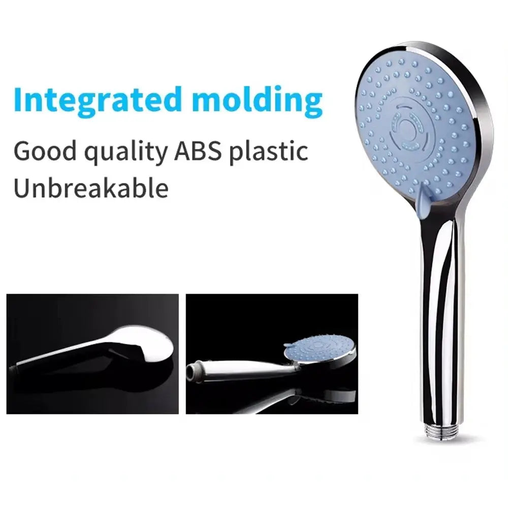 Handheld shower head with chrome finish and large blue spray face.