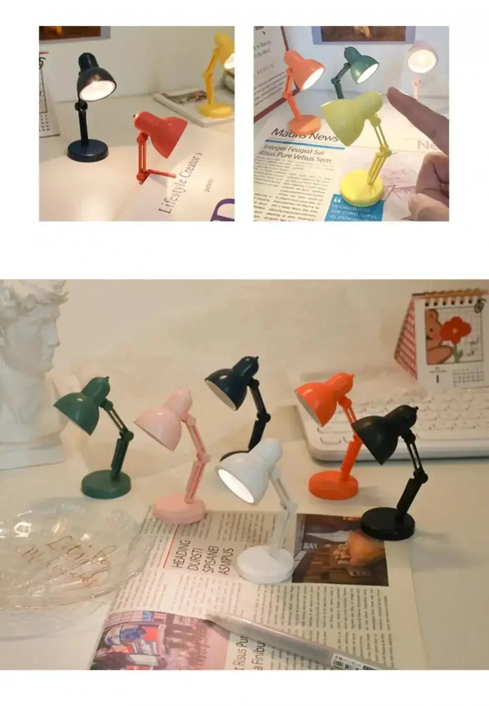 Mini clip-on LED book light with foldable arm; set of colorful desk lamps for reading at home or on the go