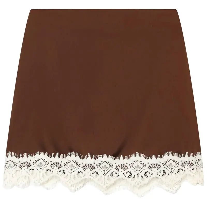 HXAO satin lace skirt with white lace trim, brown high-waist pencil/culotte style by Simples Market