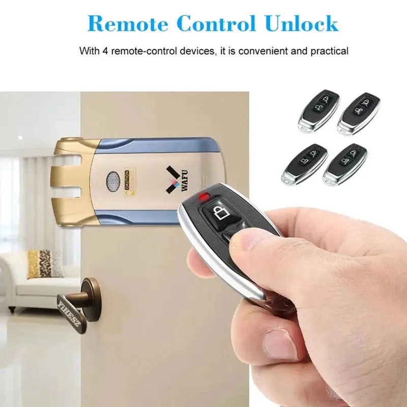 Wafu 019 remote control door lock with 5 chrome-plated remotes, handheld remote shown.