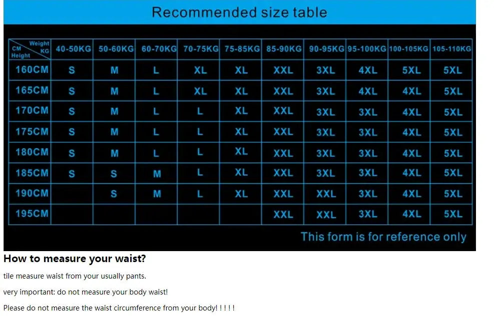 Simples Market Men's Tactical Cargo Pants size chart with waist measurement guidance