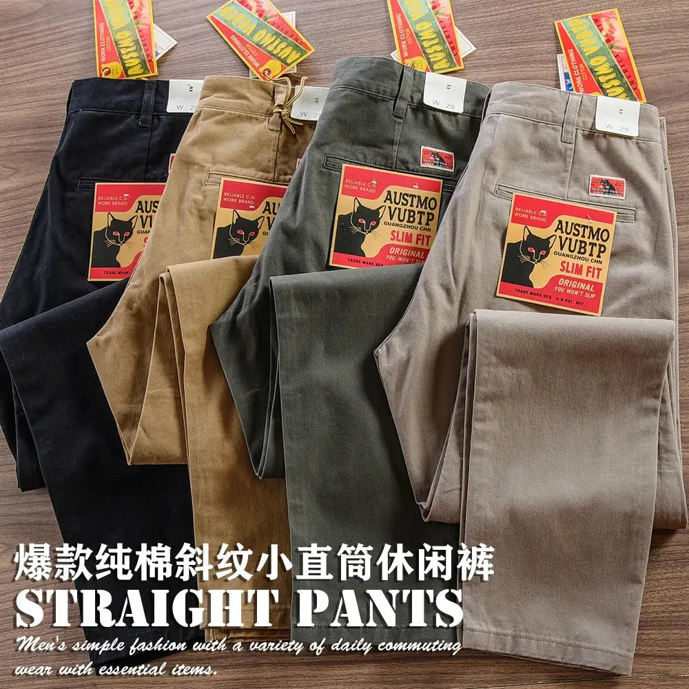 Men's straight cotton chinos, washed finish, 5-pair set in black, tan, olive, grey, taupe.