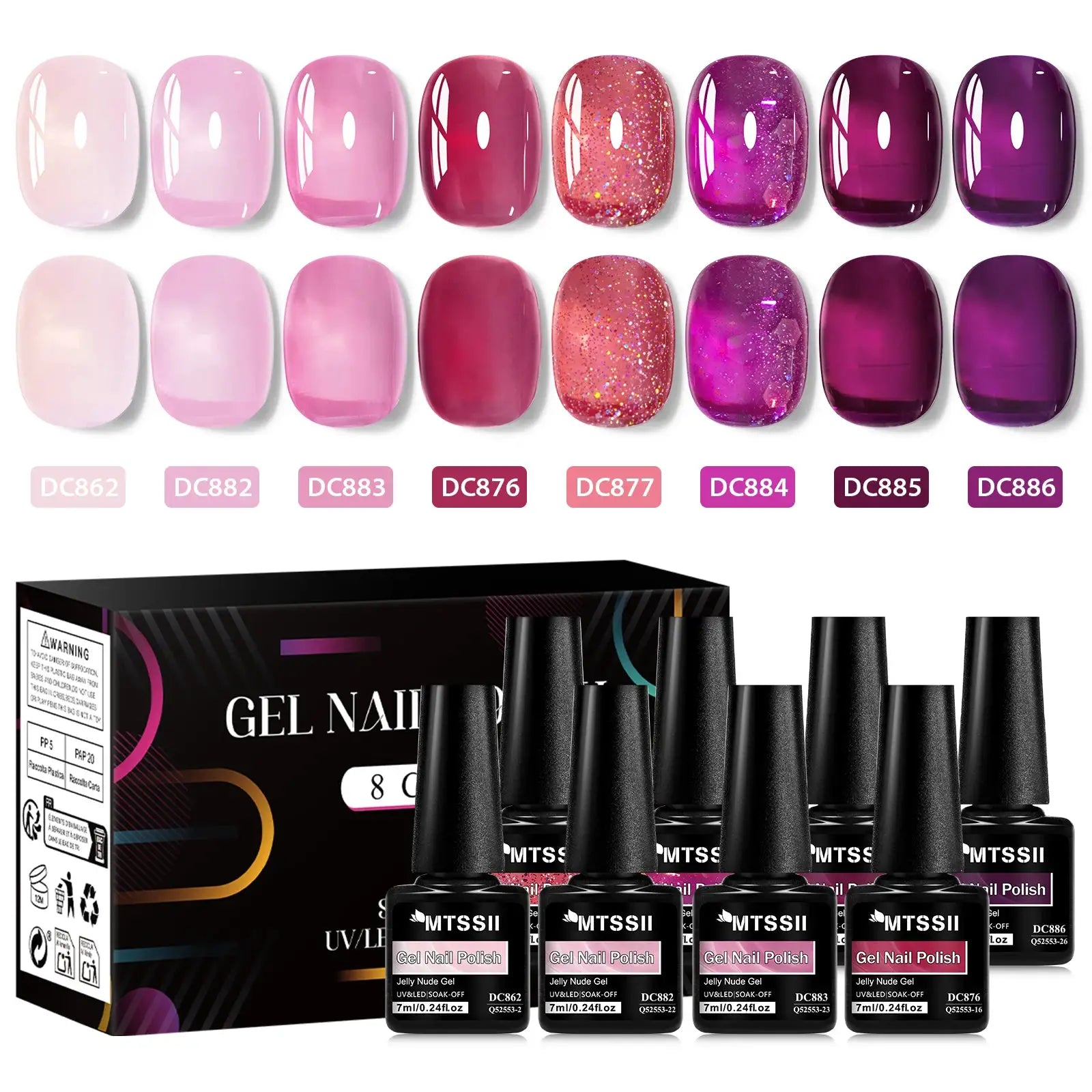 Simples Market 8-piece nude jelly gel nail polish set with box; translucent pinks, glitter and purple shades