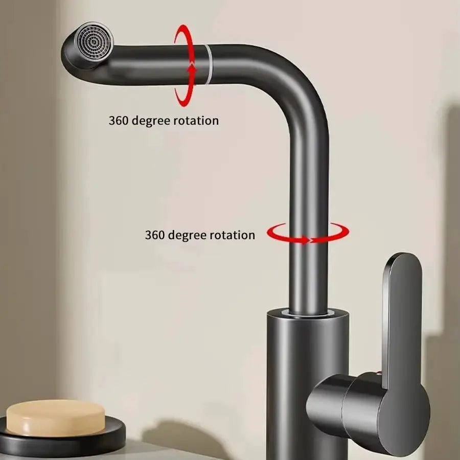 Simples Market matte black 360° rotating hot/cold water mixer faucet for kitchen and bathroom.