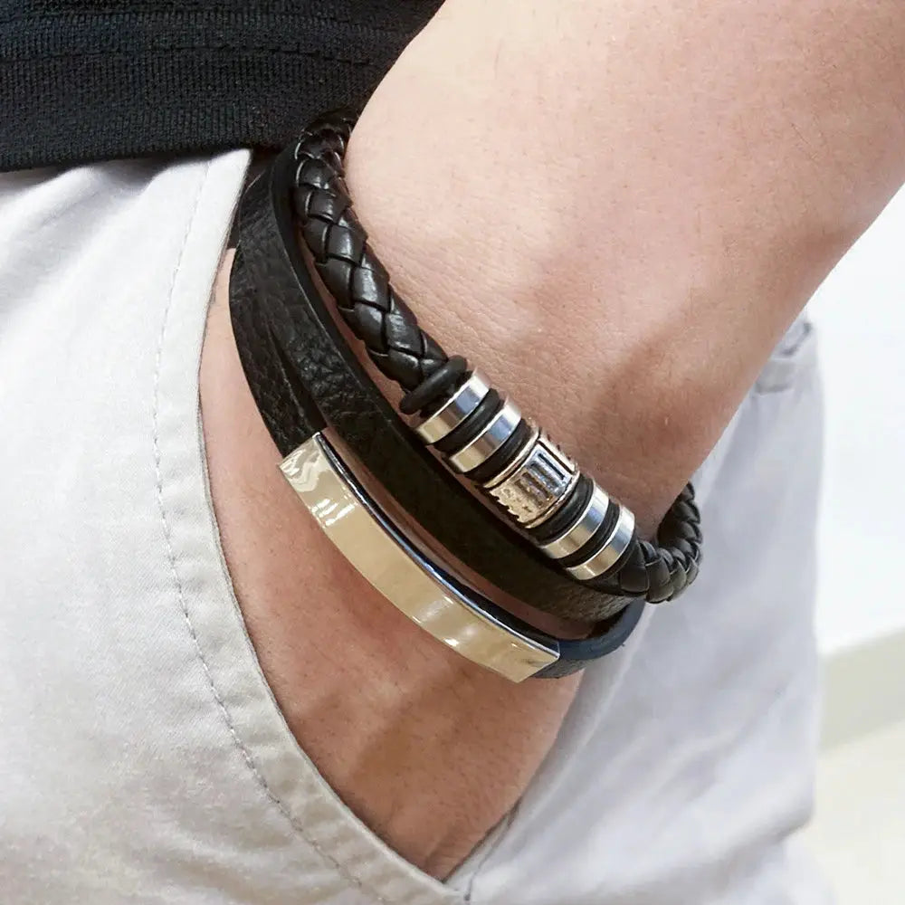 Vintage Multilayer Braided Leather Bracelet For Men Stainless Steel Rope Design Jewelry Gift