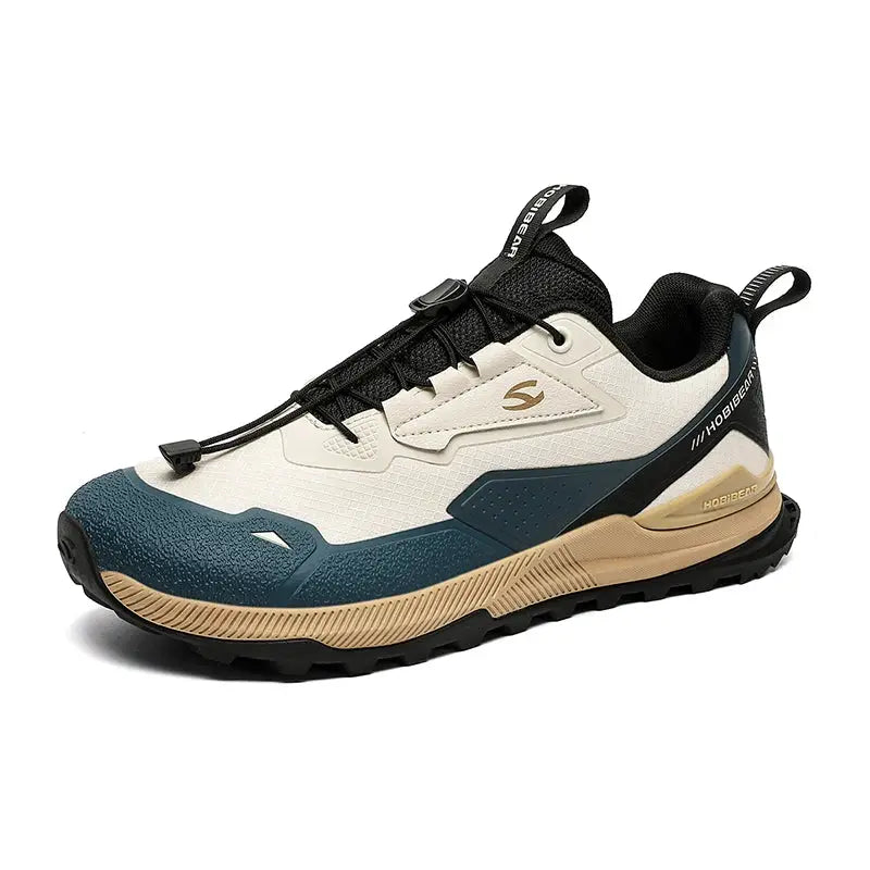 HOBIBEAR unisex hiking sneakers with elastic bungee laces, white/teal upper and tan sole