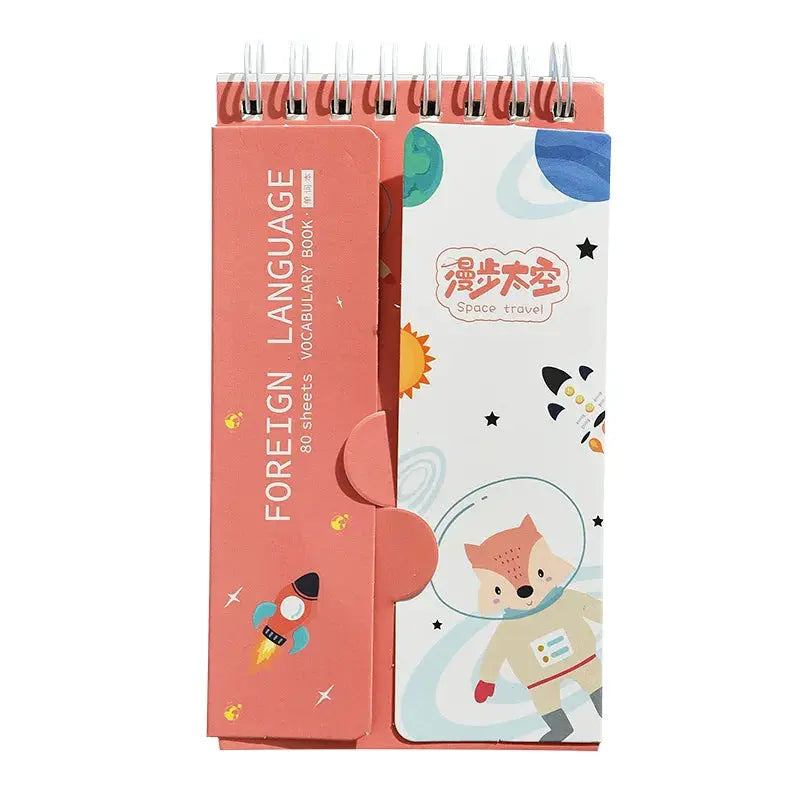Foreign language vocabulary notebook set with coral-orange cover and space travel illustration