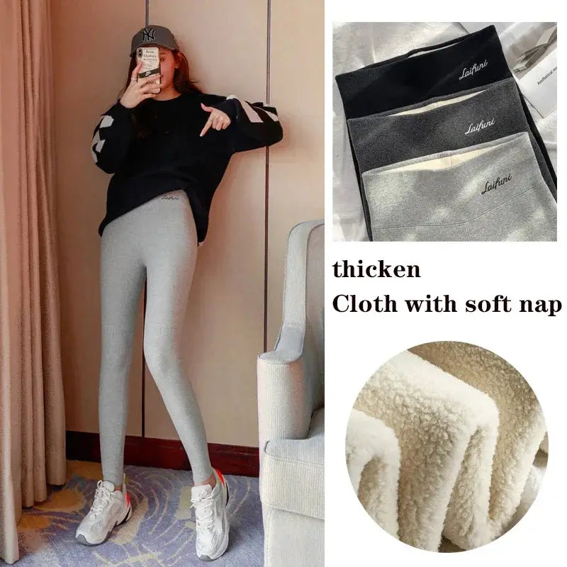 Women’s winter warm leggings in light gray, high-waisted, fleece-lined thermal tights.